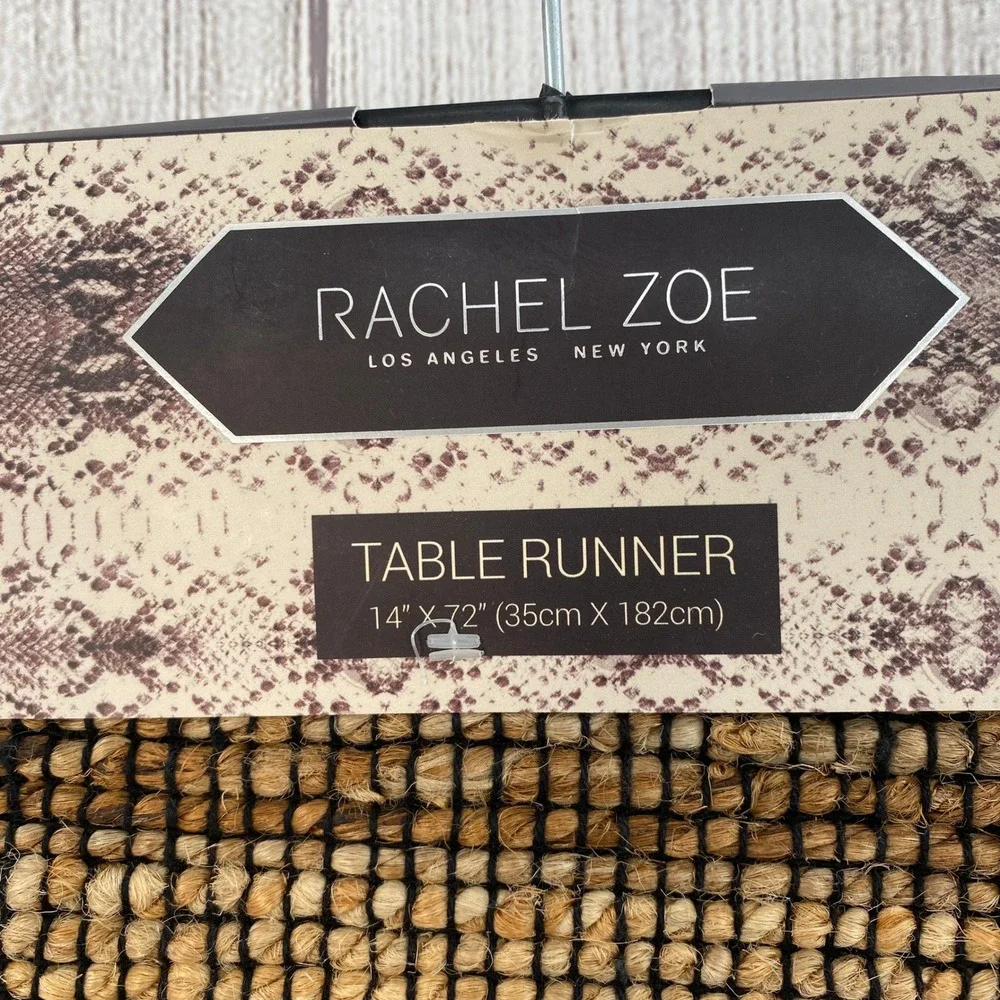 Rachel Zoe Table Runner 14x72 Tan Black Jute Woven Bat Tassels Halloween Boho